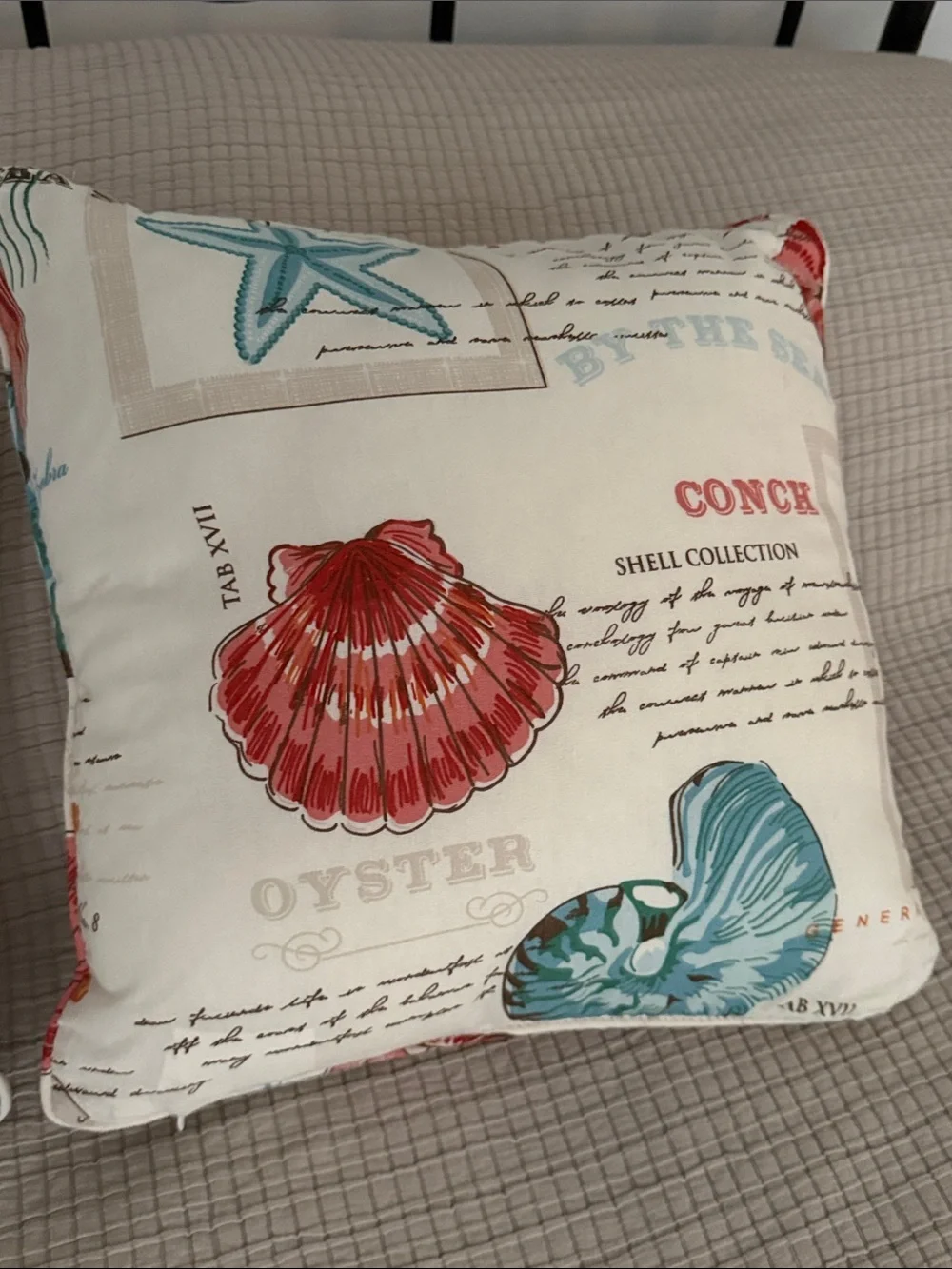 Coastal Shell Print Decorative Throw Pillows (2) Cream with Teal & Coral Accents